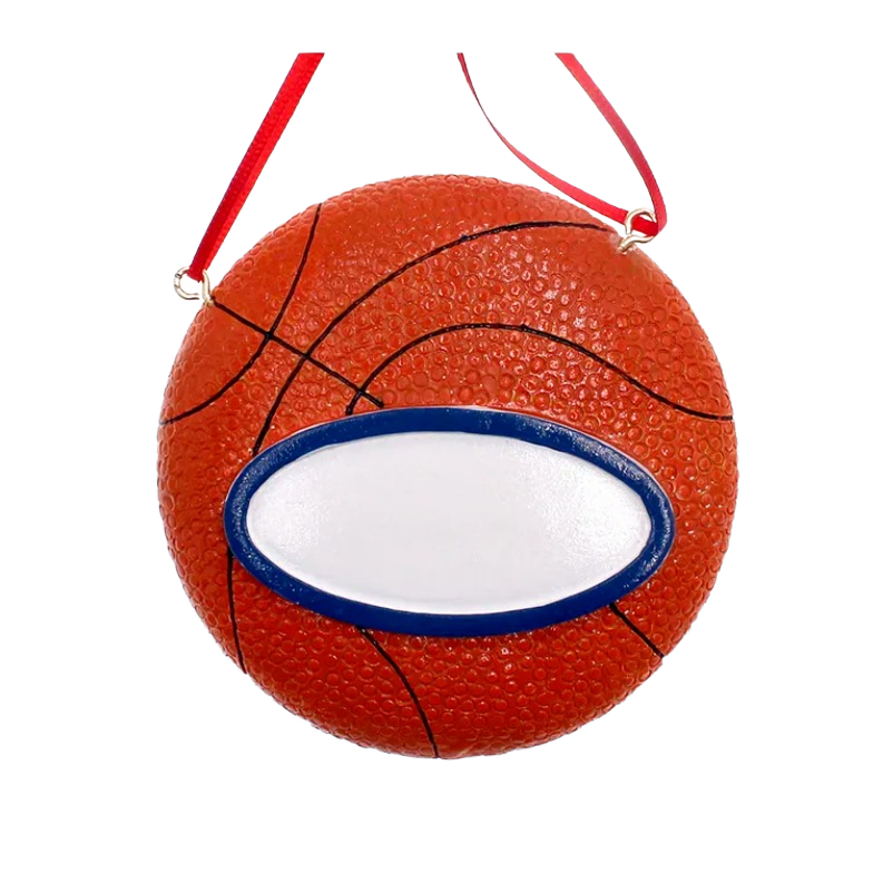 Basketball-shaped Christmas ornament with blue and white nameplate for tree decoration in holiday collections under $50