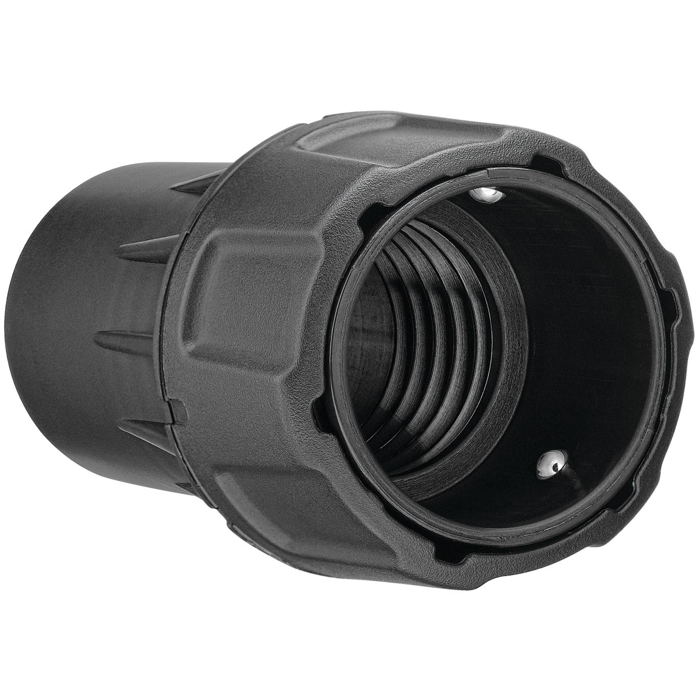 Black durable quick connector for dust extractors designed to improve tool and home improvement efficiency
