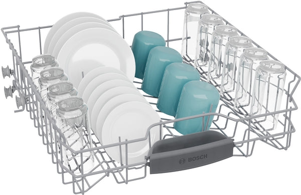 Dishwasher lower rack filled with white plates, blue mugs, and clear glassware for kitchen and Bosch appliances.