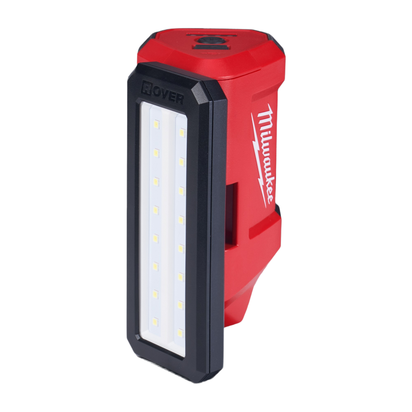 Compact red Milwaukee ROVER flood light with LED panel for service, repair, and home improvement tasks