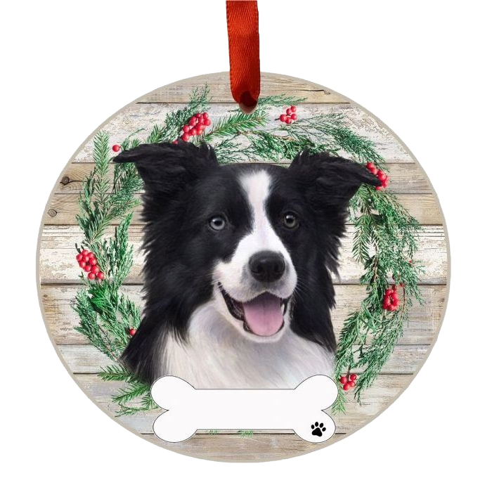 Round ornament with a happy Border Collie face inside a festive green wreath and red hanging ribbon for Christmas decor