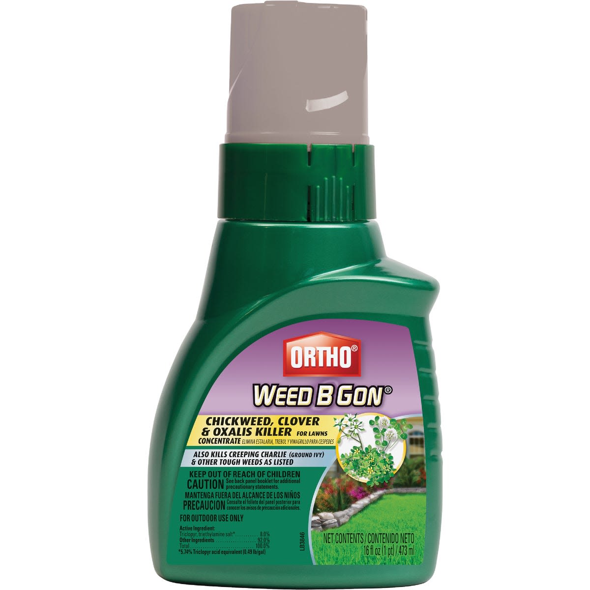 Green plastic bottle of Ortho Weed B Gon concentrate for lawn care targeting chickweed, clover, and oxalis weeds under $50 collection