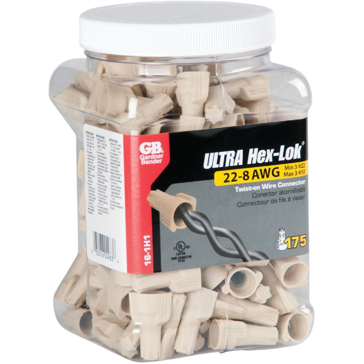 Container of beige twist-on wire connectors with hex head for electrical use in home improvement and electrical tools collections