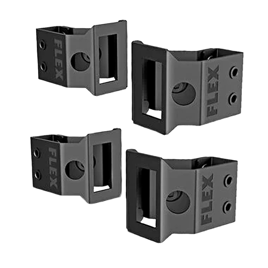Set of four black all-metal mounting brackets designed for tool storage and workshop organization systems