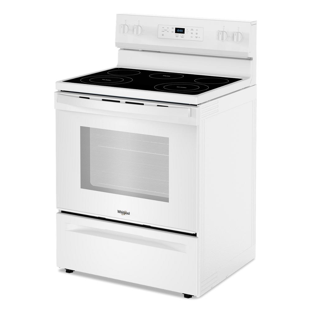 White 30-inch electric range with smooth glass cooktop, digital controls, and large oven window from Ranges and Kitchenware collections