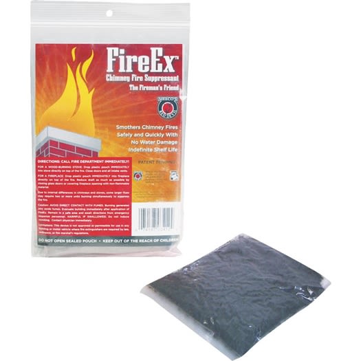 FireEx chimney fire suppressant in resealable package with black powdered suppressant pouch for plumbing repair.