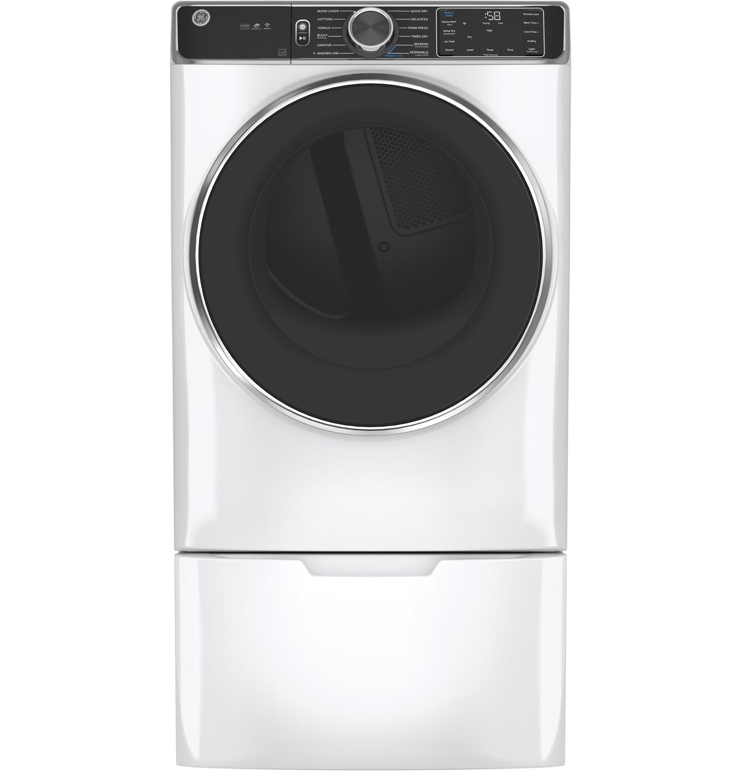 White front-load dryer with digital display and GE pedestal for laundry appliance parts and home improvement use
