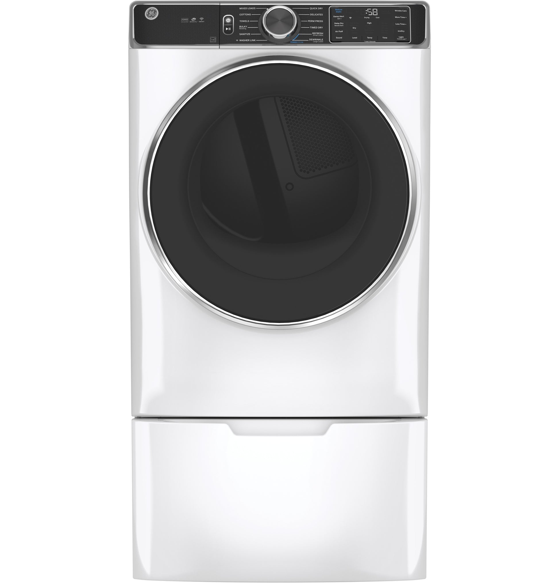 White front-load dryer with digital display and GE pedestal for laundry appliance parts and home improvement use