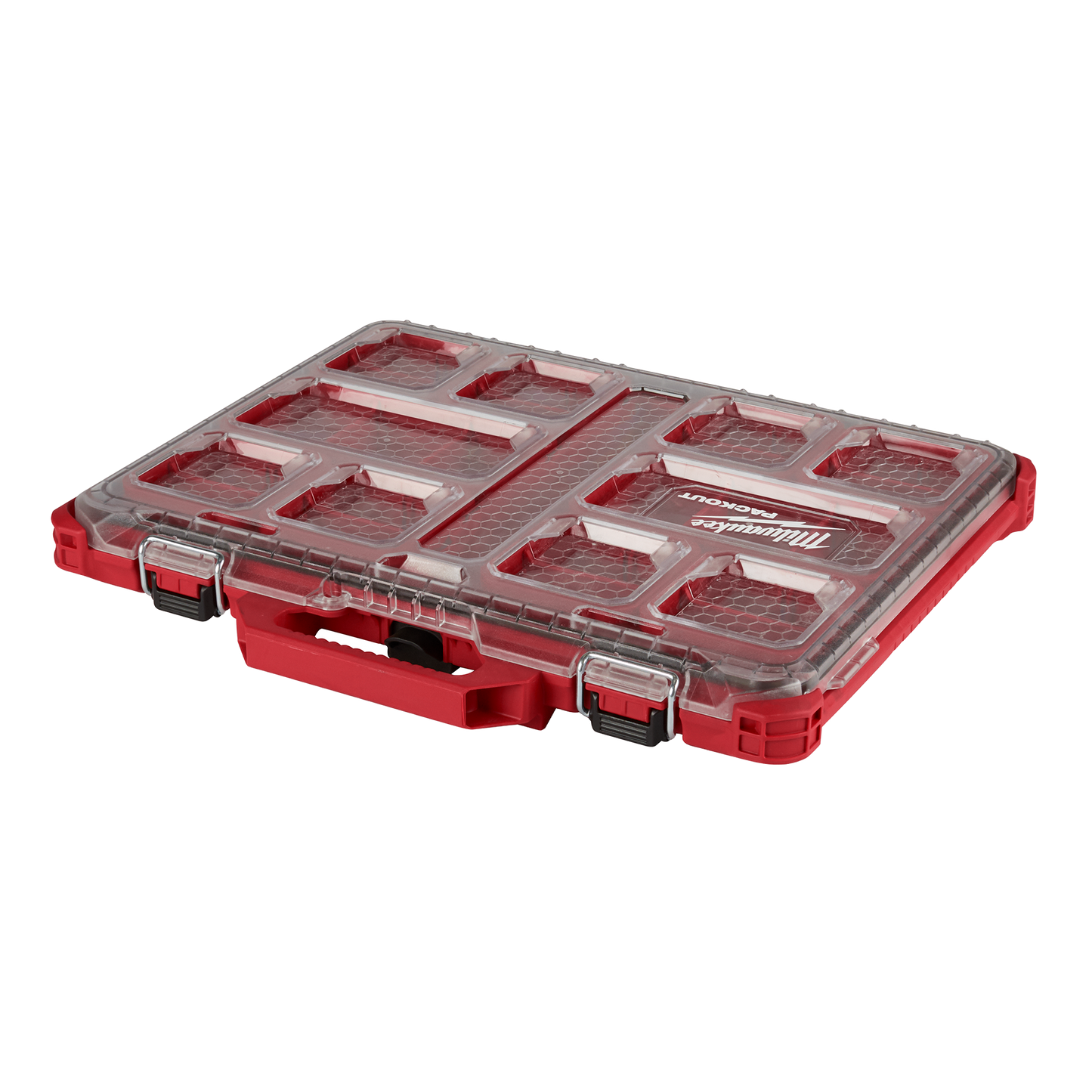 Durable red Milwaukee storage organizer with clear lid and multiple compartments for tool accessories under $50 collections