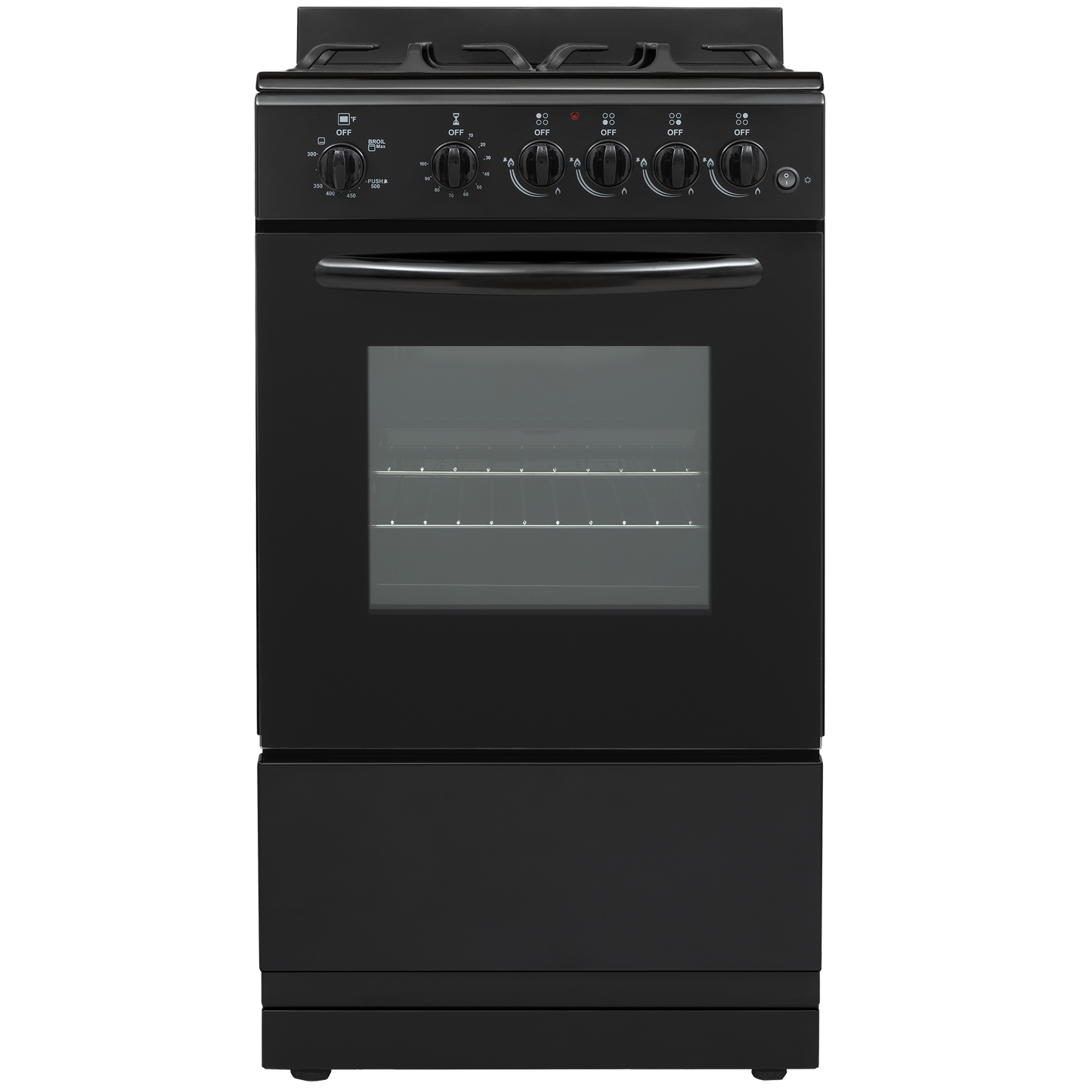 Black freestanding 20-inch gas range with oven window, control knobs, and two wire racks for kitchen appliances and home improvement