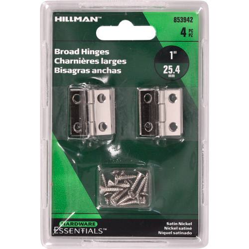 Set of four 1-inch satin nickel broad hinges with mounting screws for cabinet and furniture hardware under $50 at Hartville Hardware