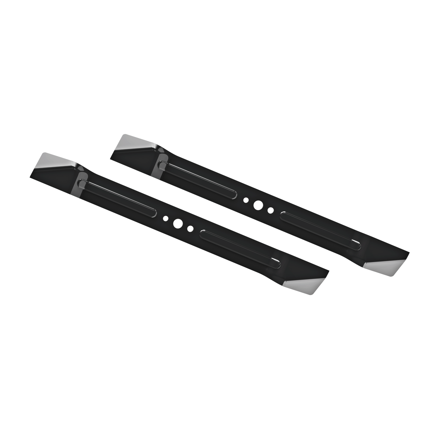 Pair of black high-lift mower blades with mounting holes for riding mower parts in under $100 tools category