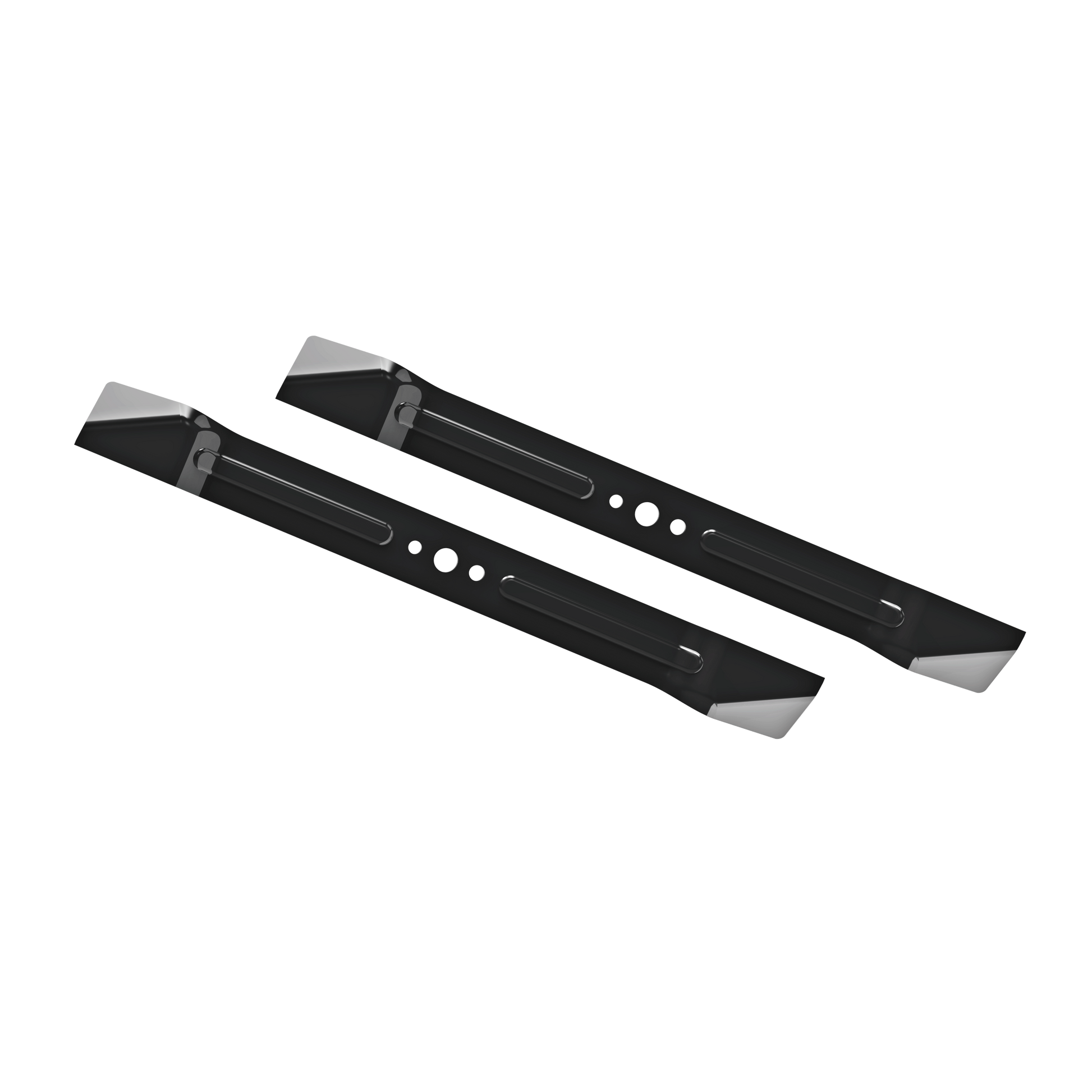 Pair of black high-lift mower blades with mounting holes for riding mower parts in under $100 tools category