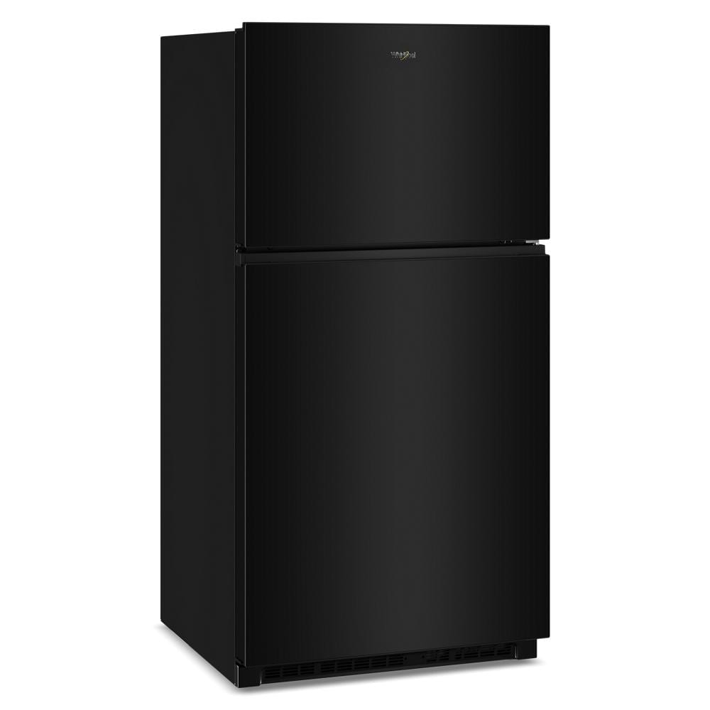 Angled view of a black top freezer refrigerator featured in Refrigerators, Top Freezer Refrigerators, Kitchen & Kitchenware, and Appliances collections at Hartville Hardware.
