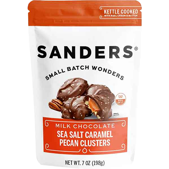 Bag of Sanders milk chocolate clusters with sea salt caramel and pecans, part of chocolates and candy collection