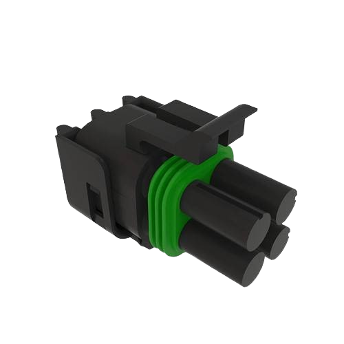 Black and green 4-cavity external electrical connector housing for John Deere parts and lubricants collection