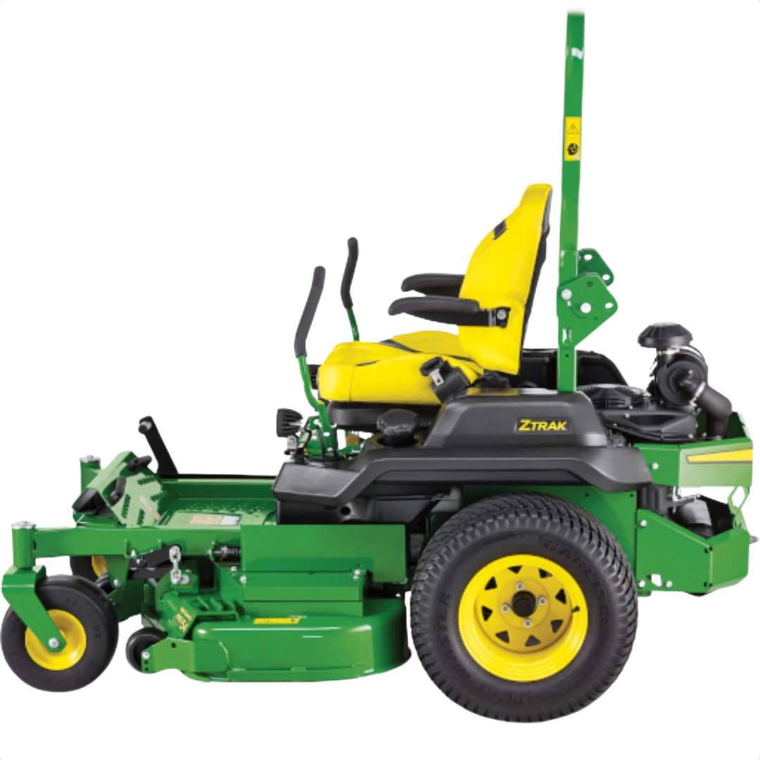 Side view of a green and yellow John Deere zero turn mower with 54-inch deck for lawn care and garden maintenance