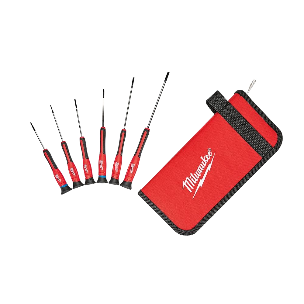 Set of six red-handled precision screwdrivers with storage pouch for detailed home improvement tasks and tool organization