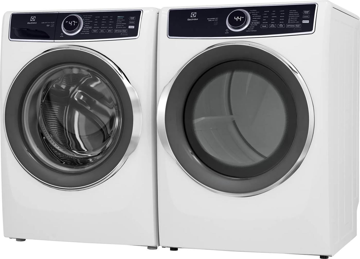 Pair of white front load washer and dryer with digital control panels from Washers & Dryers collection at Hartville Hardware
