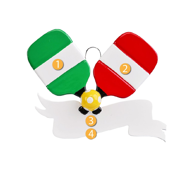 Christmas ornament featuring two colorful pickleball paddles and ball with customizable banner under $50 collection