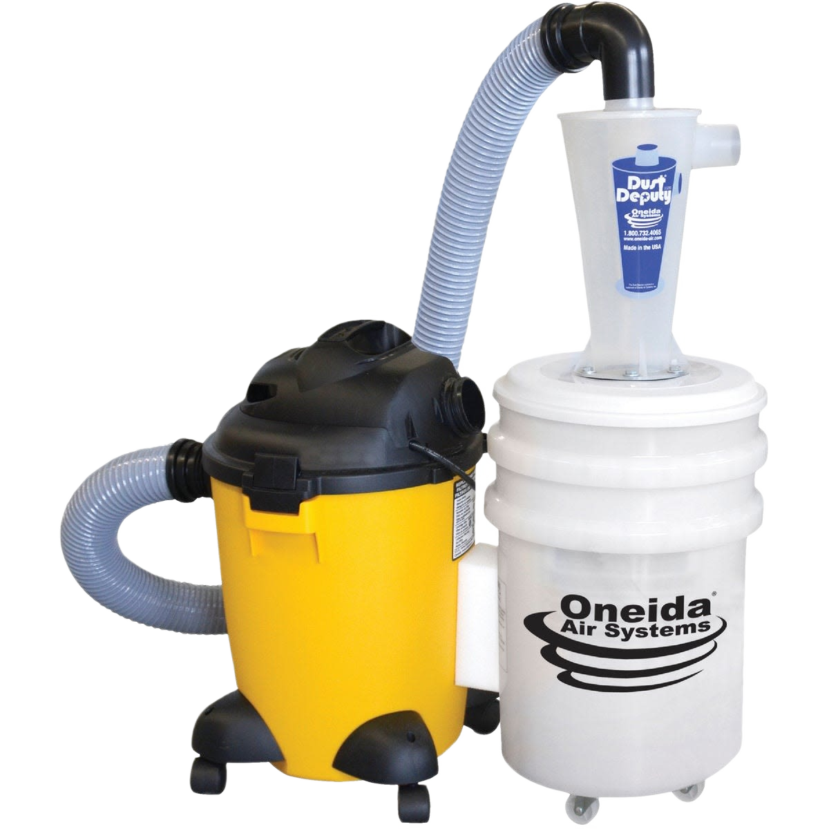 Yellow and white cyclone separator dust collector with attached vacuum for woodworking and air filtration tools