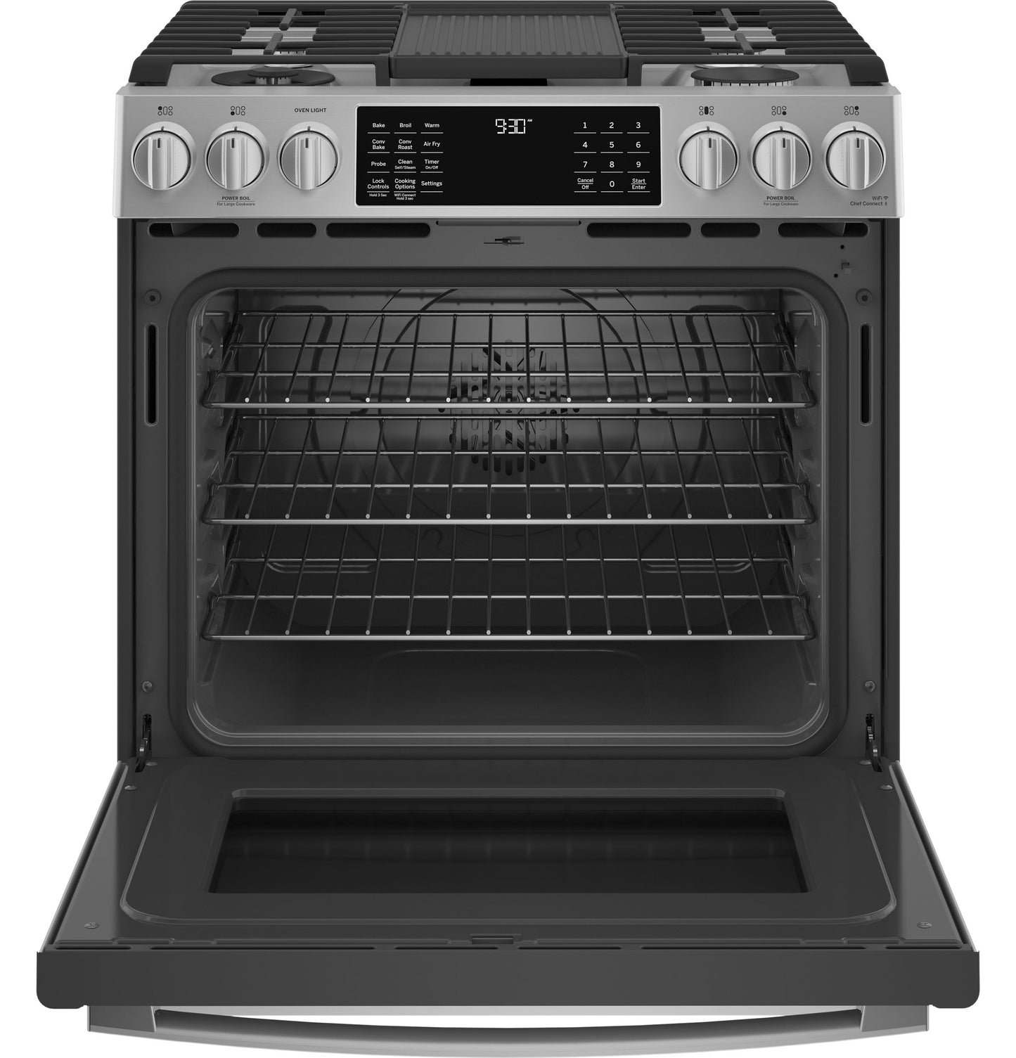 Open front view of fingerprint-resistant stainless steel smart dual fuel slide-in range with oven interior visible from kitchen appliances collection