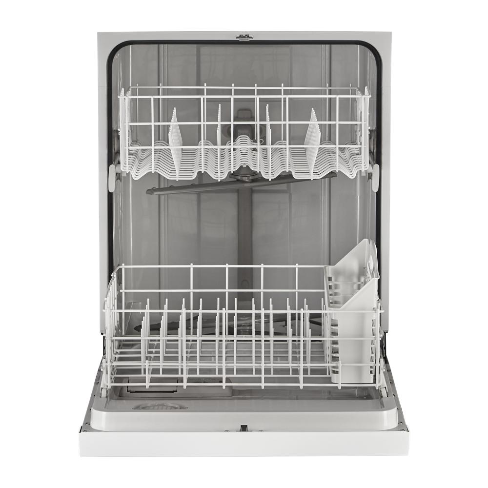 Empty open dishwasher interior with upper rack for glasses and lower rack for plates and utensils in kitchenware collection