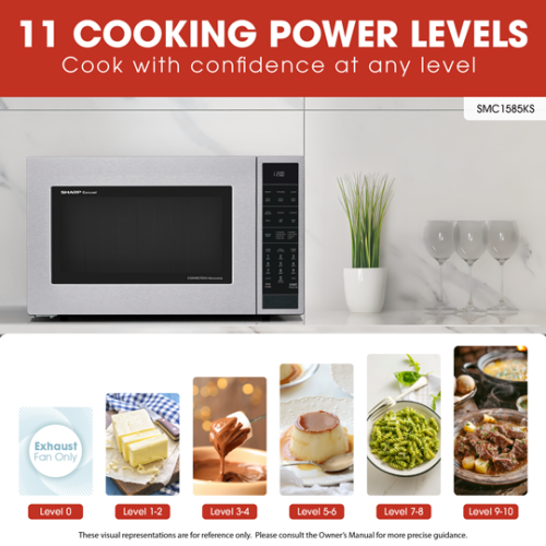 Stainless steel convection microwave with digital control panel shown on kitchen countertop near plant and glassware in appliances collection