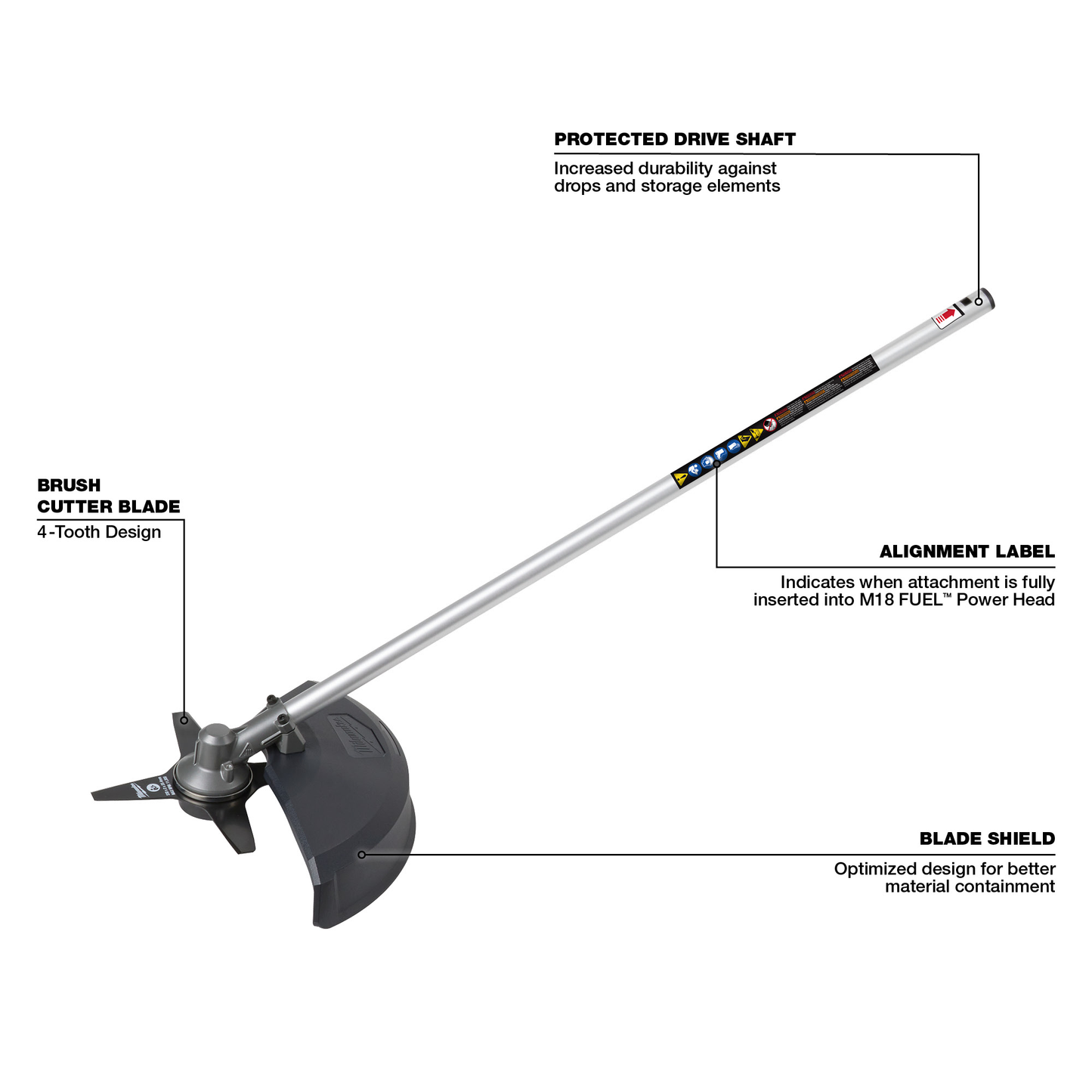 Silver brush cutter attachment shaft with black blade shield and 4-tooth cutting blade for tools and home improvement