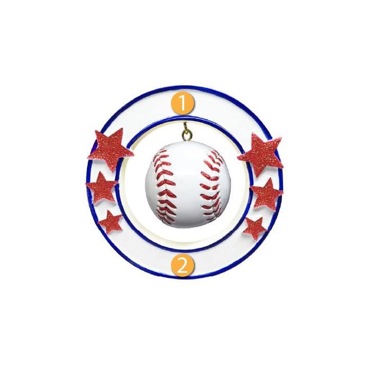 3D baseball ornament hanging inside blue hoop with red glitter stars for Christmas Ornaments & Tree Decorations under $50 collection