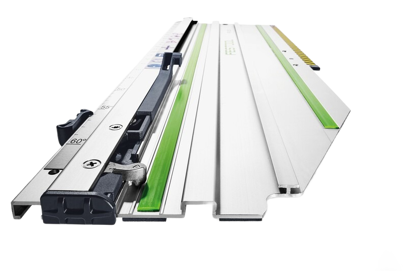 Aluminum straight guide rail with integrated adjustable stops for woodworking and power tool accessories collections