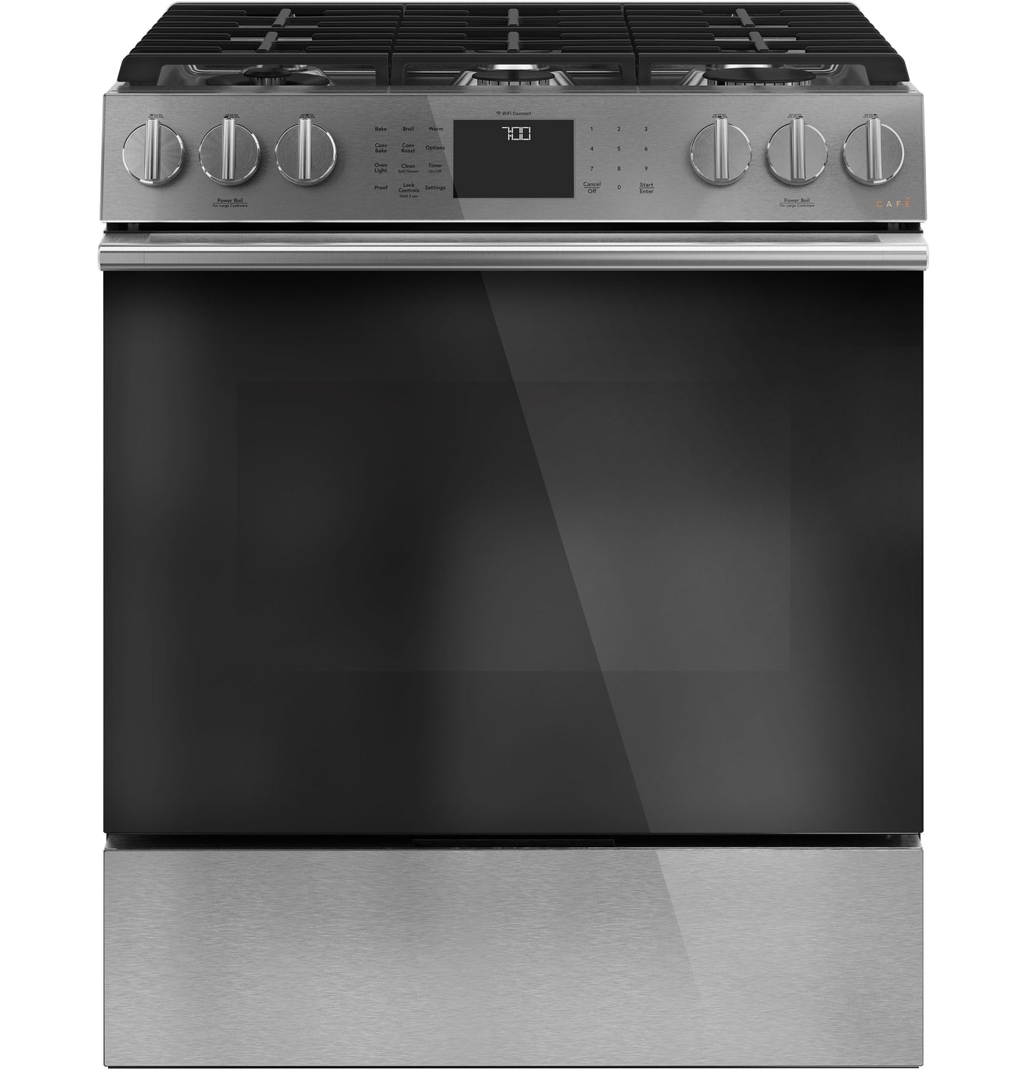 Modern stainless steel gas range with front controls, convection oven, and continuous cast-iron grates from Ranges collection