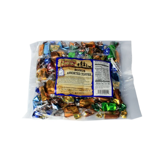 Clear bag of assorted individually wrapped toffees in colorful foil from the chocolates and candies collection under $50