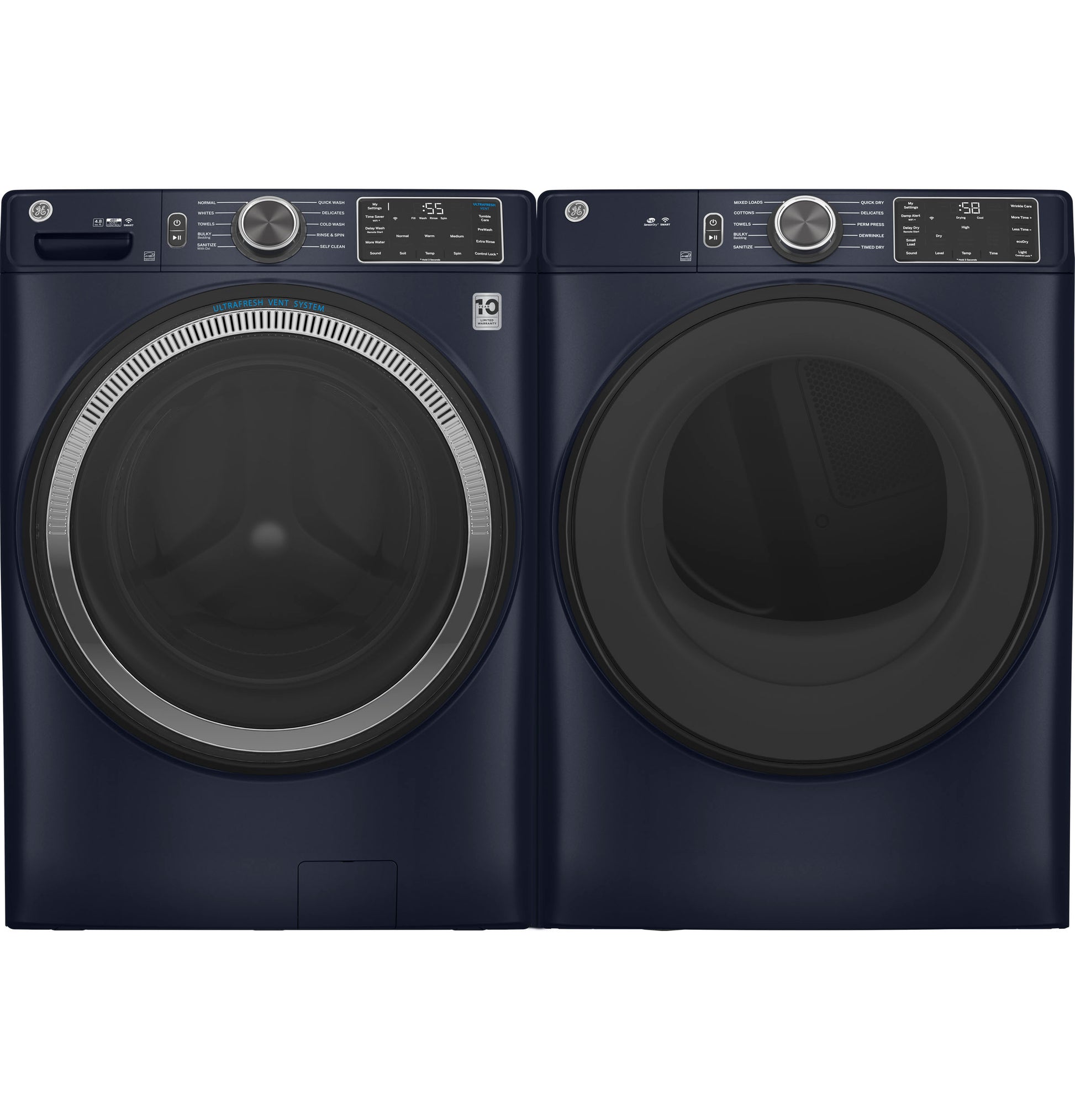 Dark blue front load washer and electric dryer set with digital controls in Washers & Dryers and Appliances collection