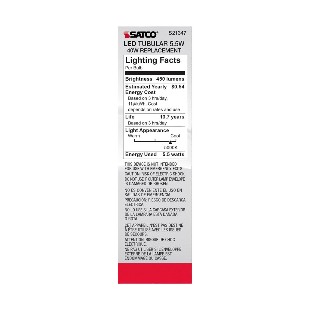 Satco LED tubular bulb with 450 lumens, 5.5 watt energy use, natural light, and medium base for lighting and electrical needs