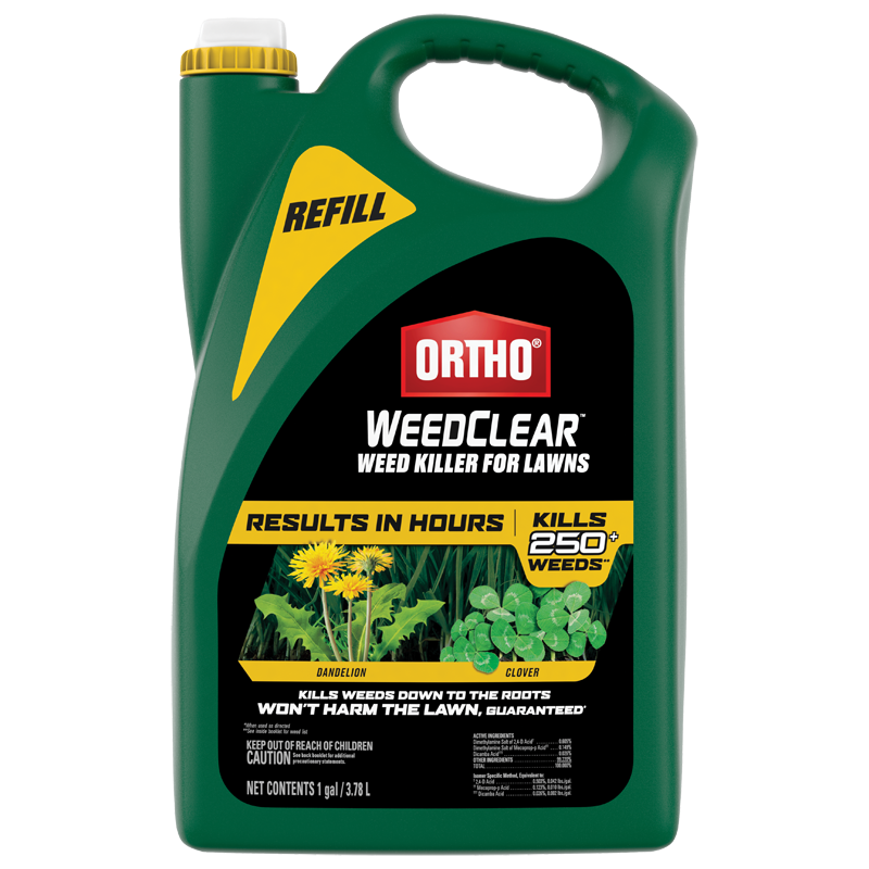 Green 1-gallon container of Ortho WeedClear concentrate for killing weeds in lawns with refill label