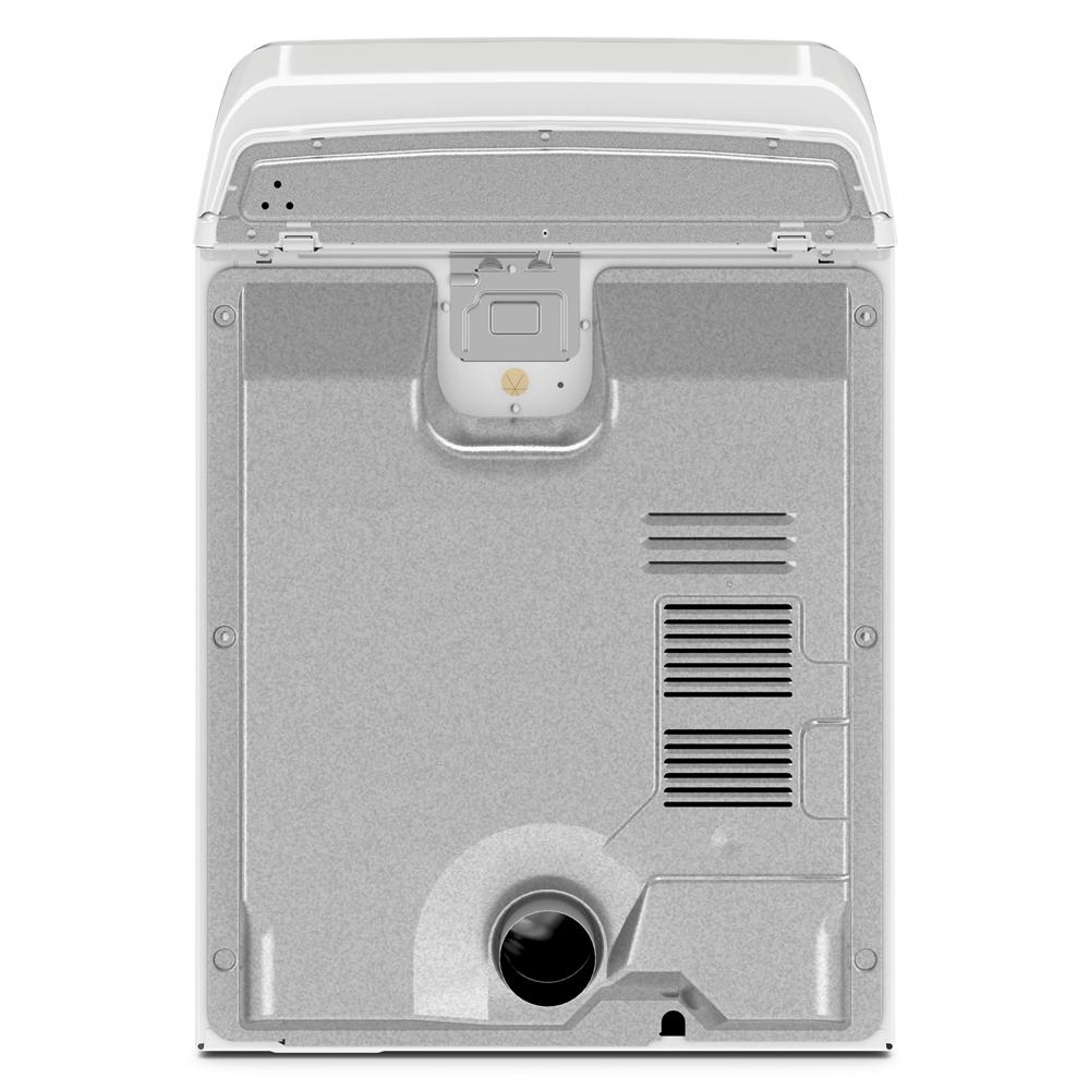 Back view of white top load electric dryer showing ventilation grates and exhaust duct in appliances collection