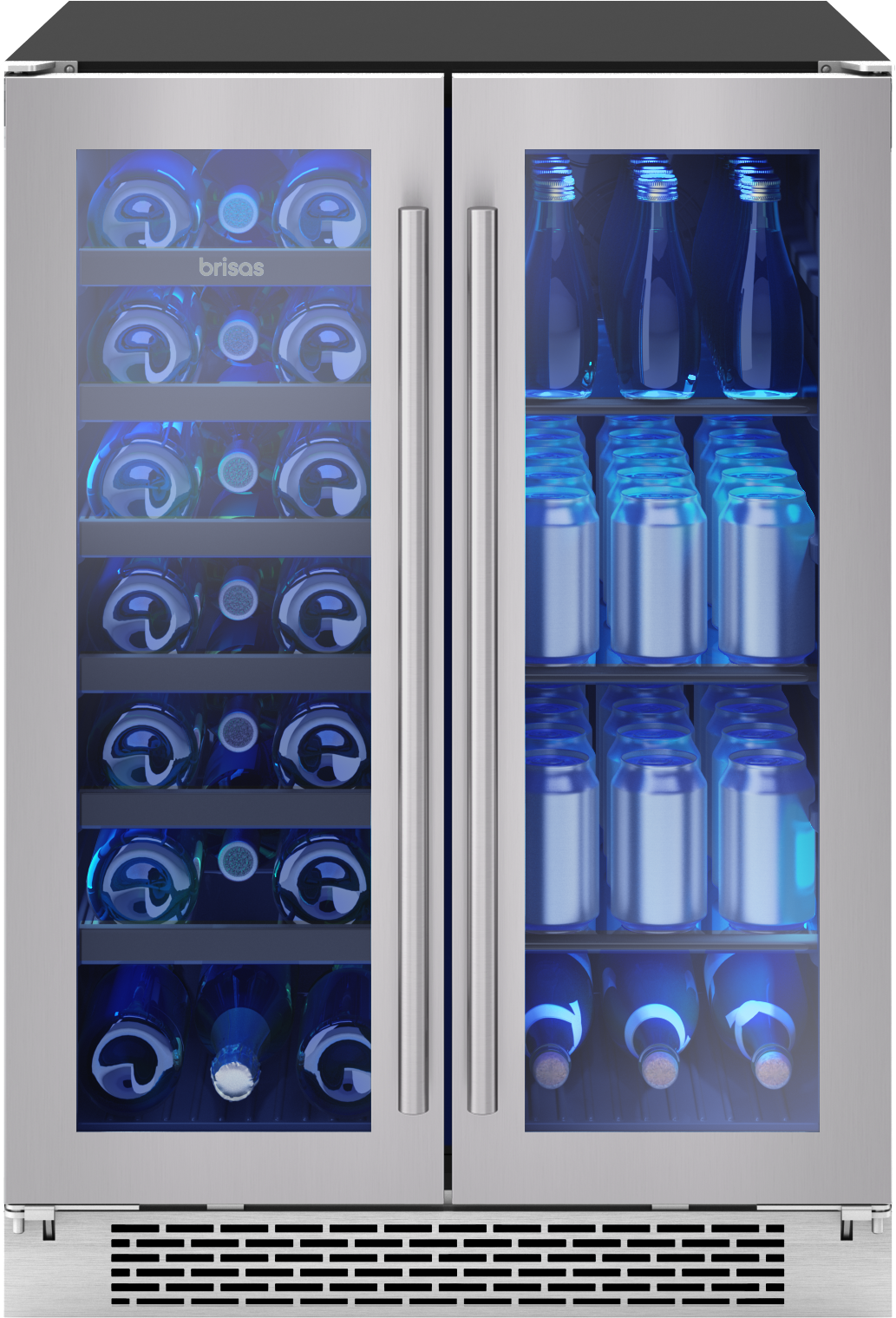 Dual zone beverage cooler with French doors, stainless steel frame, blue interior lighting, and storage for bottles and cans