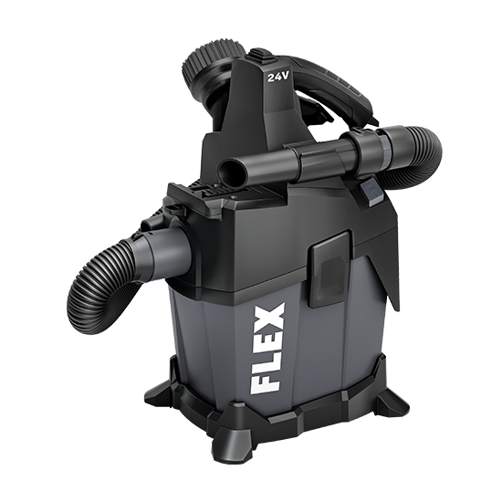 Compact black and gray wet/dry vacuum with flexible hose and 24V battery for tools and home improvement tasks