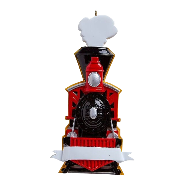Front-facing glossy red and black train ornament with steam and blank banner for Christmas Ornaments & Tree Decorations under $50 collection