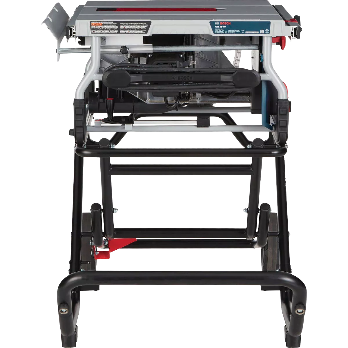 Front view of a Bosch 10-inch job site table saw with gravity-rise wheeled stand for woodworking and home improvement tools