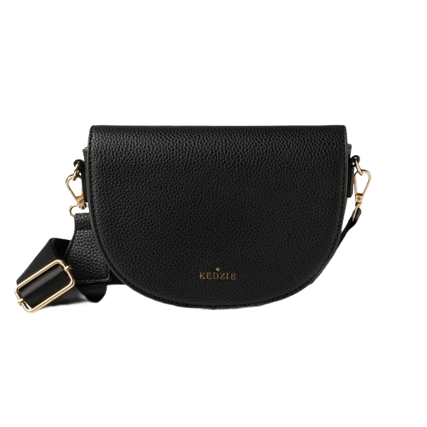 Black pebbled vegan leather half-moon crossbody bag with adjustable strap and goldtone hardware, under $100 accessory.