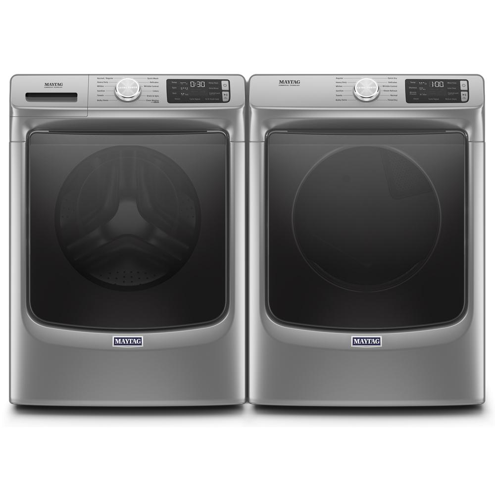 Front load washer and dryer set in brushed metallic finish with digital controls in Dryers and Appliances collection