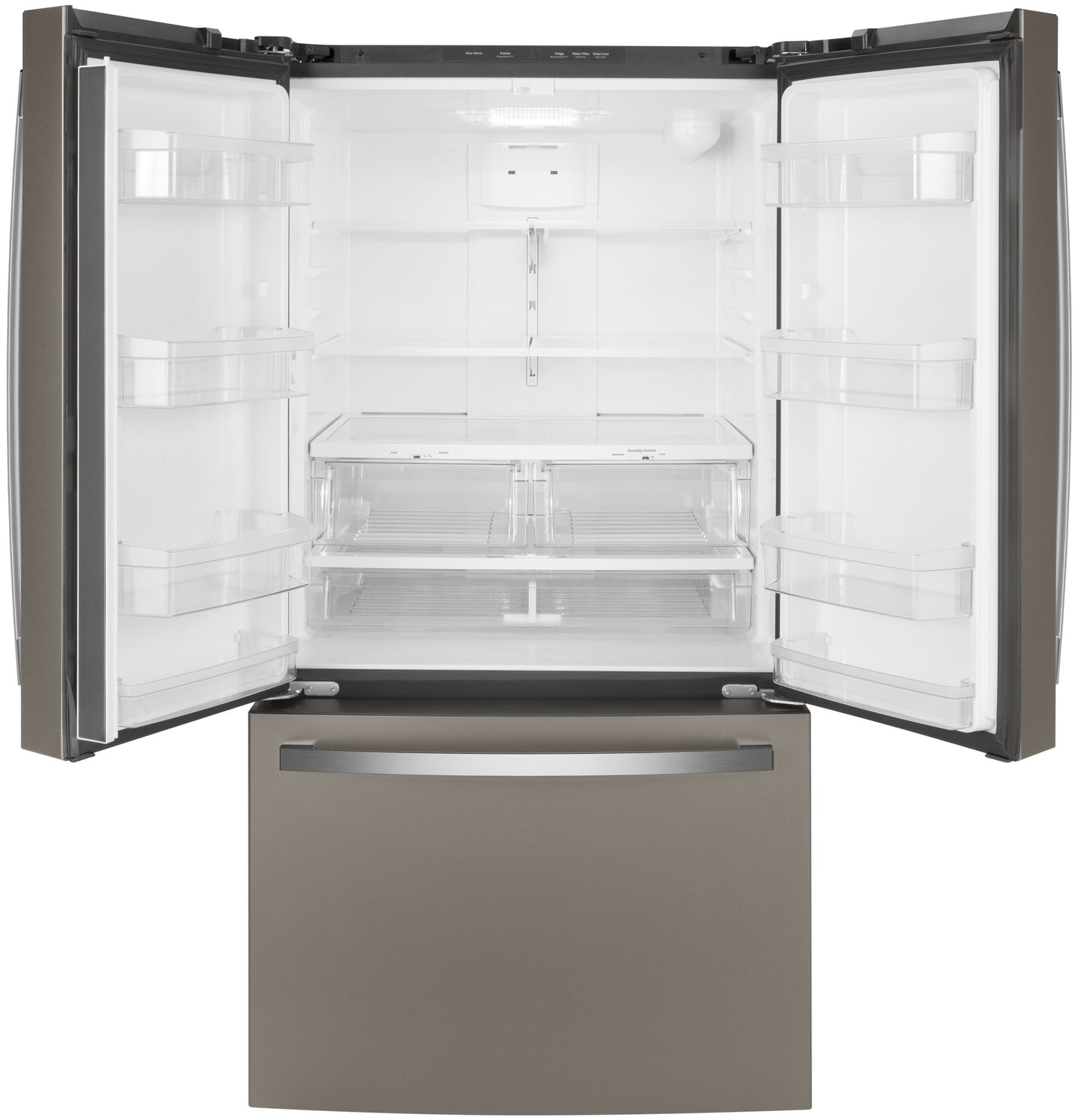 Open GE ENERGY STAR stainless steel French-door refrigerator with spacious interior and lower freezer drawer from kitchen appliances collection