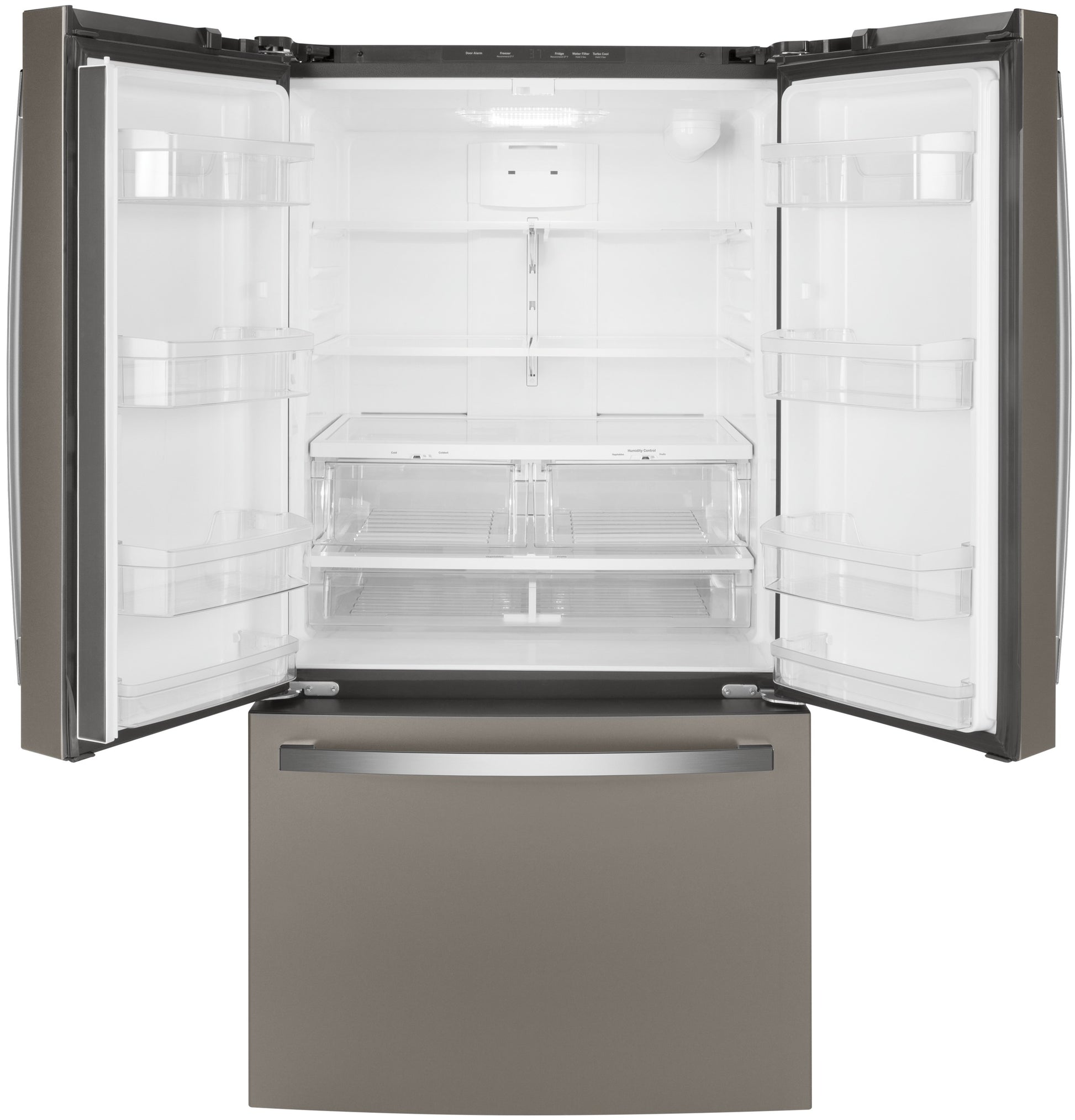 Open GE ENERGY STAR stainless steel French-door refrigerator with spacious interior and lower freezer drawer from kitchen appliances collection
