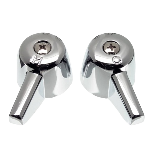 Chrome faucet handles with hot and cold markings, compatible with plumbing repair and faucet replacement parts collections
