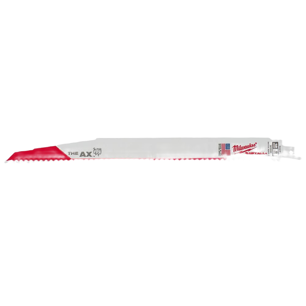 Milwaukee 12-inch reciprocating saw blade with aggressive 5-TPI teeth for heavy-duty home improvement cutting tasks