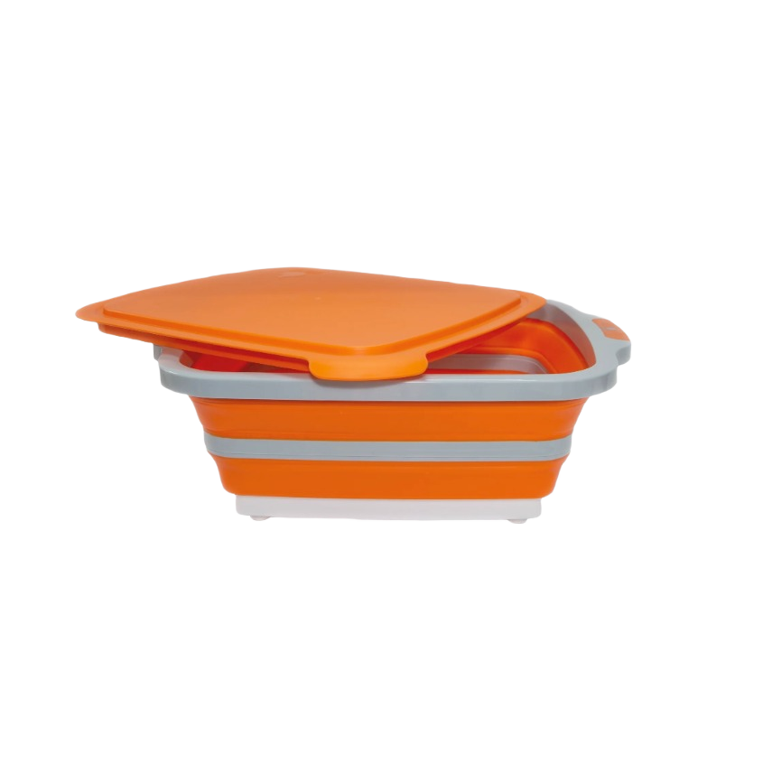 Collapsible orange prep tub with gray trim and matching lid for grilling and outdoor living use