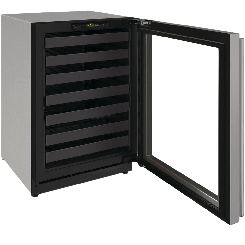 Compact single zone wine refrigerator with reversible stainless steel door and black interior shelves from Appliances collection