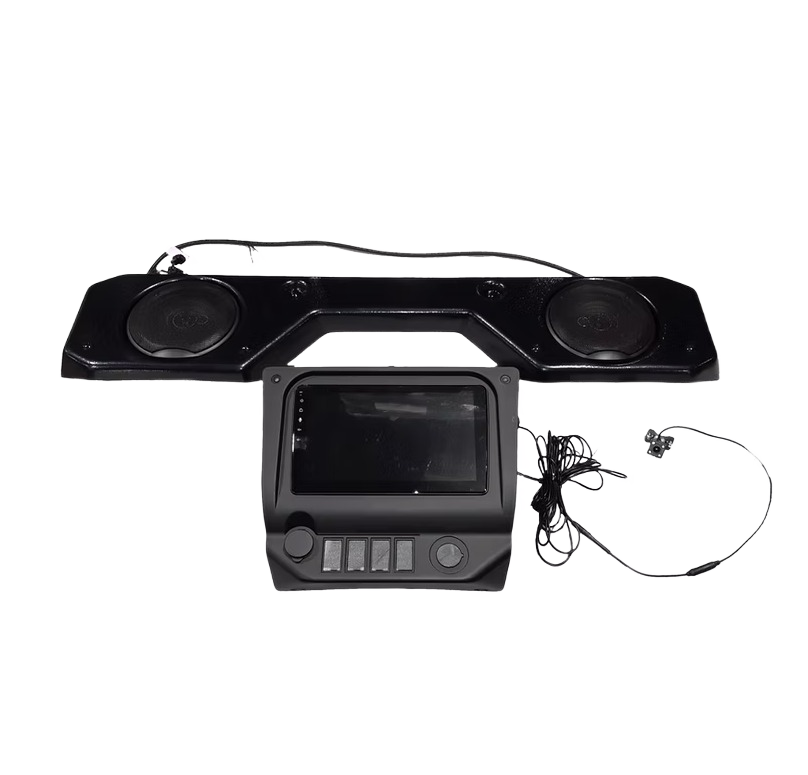 Black multimedia kit with touchscreen control panel and dual speakers for home and vehicle use
